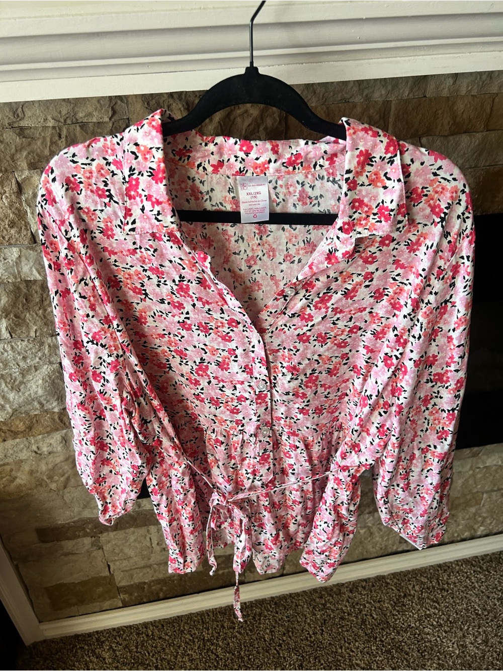 100% Rayon Lightweight Pink Floral Tie-Waist Women’s Top Cottagecore